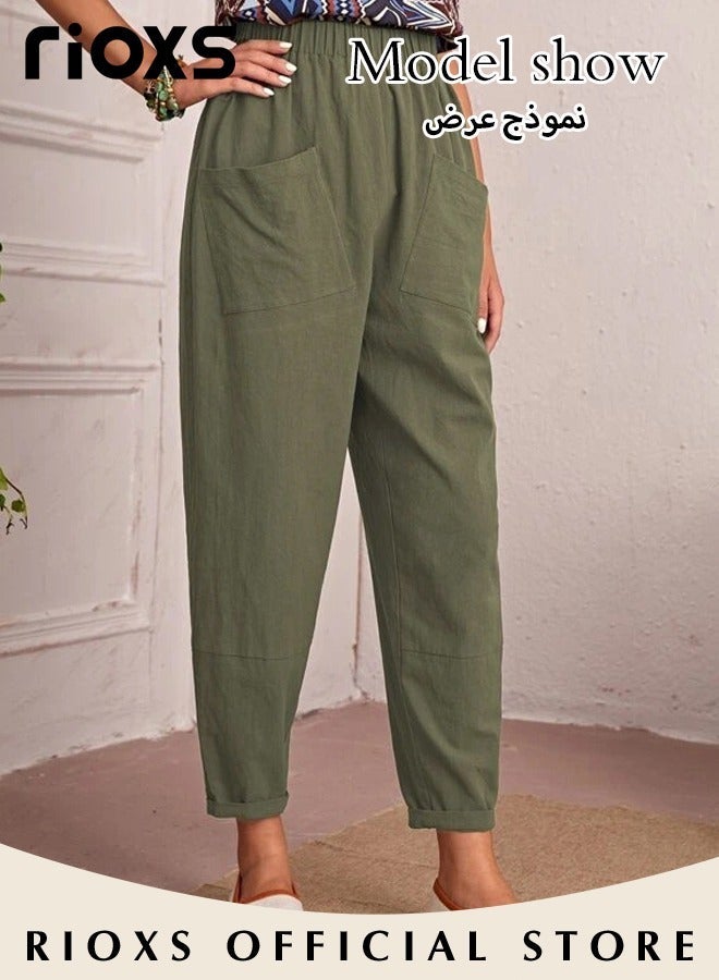 RIOXS Women's Long Pant, Casual Trousers With Front Pockets, Regular Fit Basic Trousers For Women, Ladies Classic Capri Pants, Baggy Wide Leg Pants, Elastic Waisted Loose Harem Pants, Comfy Beach Trousers For Work And Daily Wear-Green Trousers - Image 2